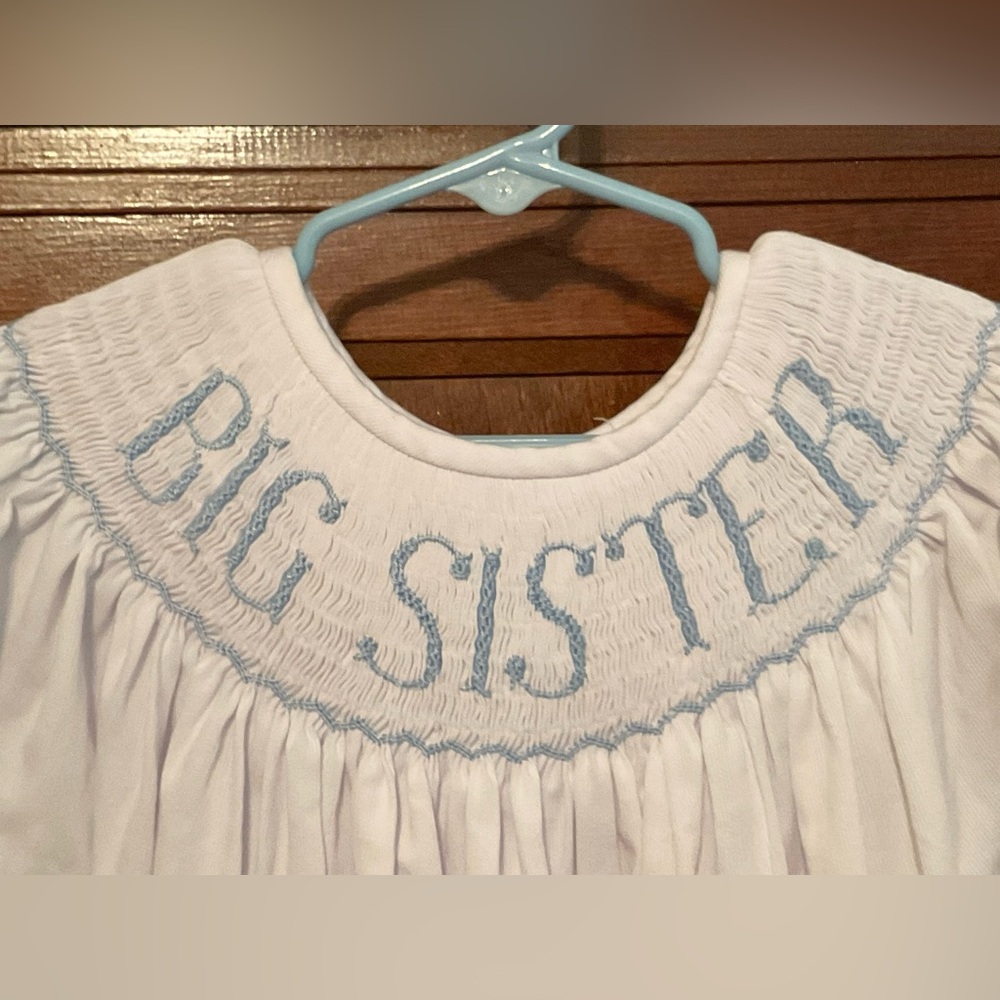 White and Blue 'Big Sister' Girls Smocked Dress